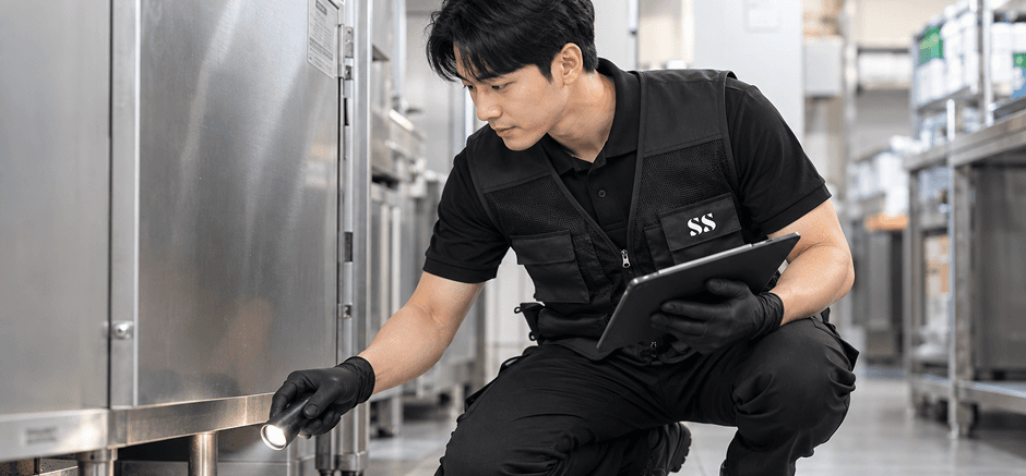 주방 설비를 점검하며 기록하는 SS방역 작업자